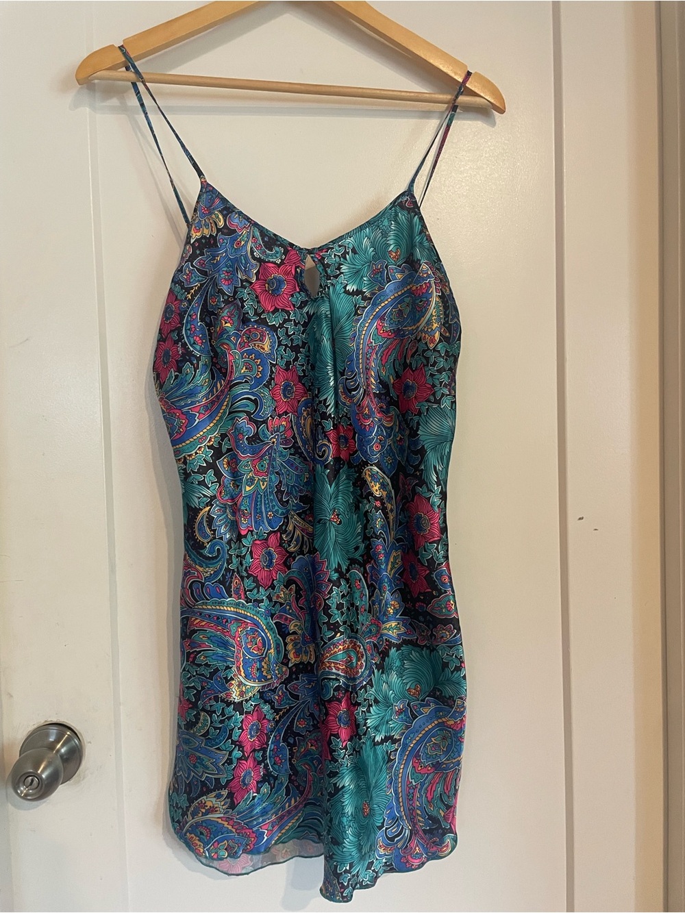 Teal Paisley Slip Mini Dress with Pink Accents - Women's Spaghetti Strap